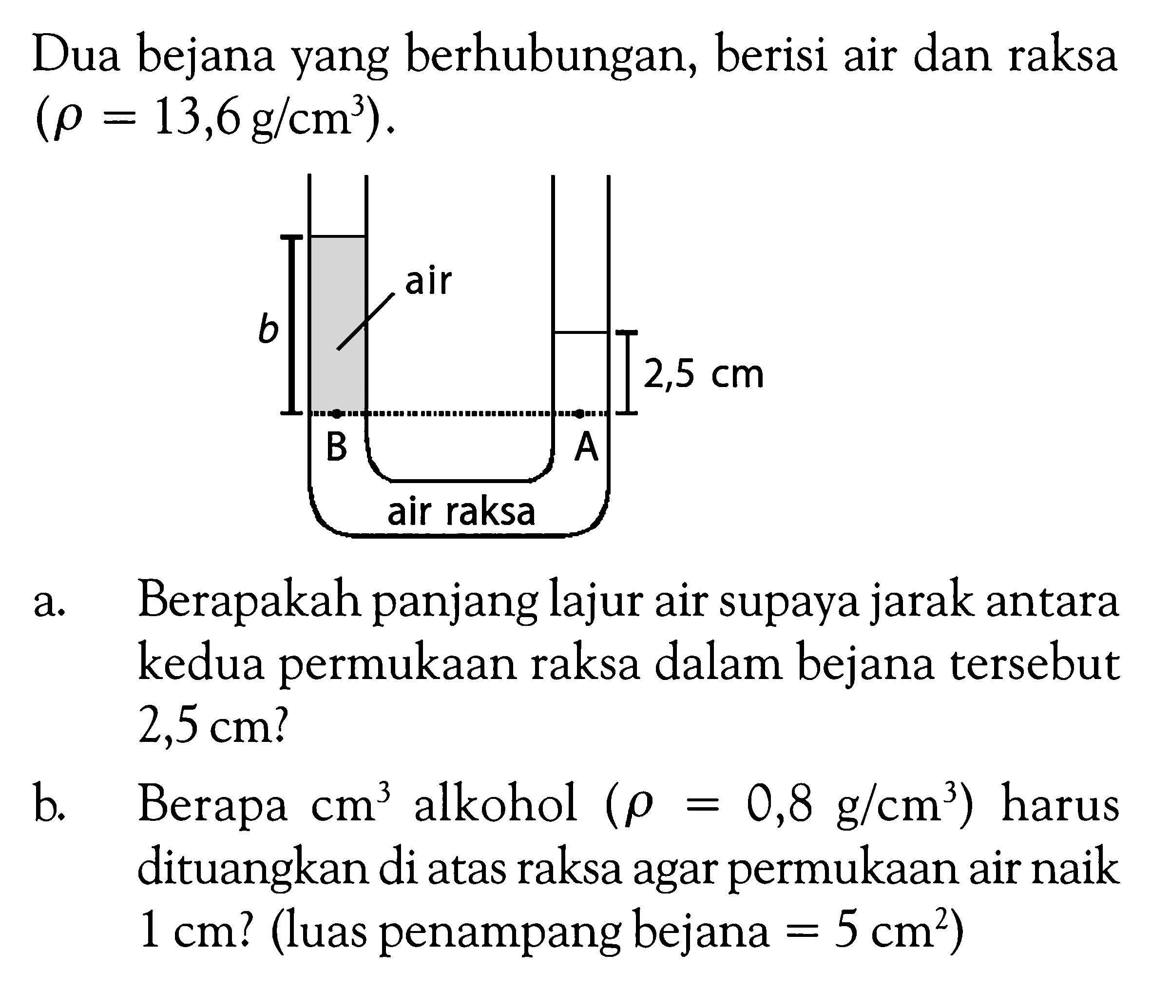 Dua bejana yang berhubungan, berisi air dan raksa (rho = 13,6 g / cm^3). a. Berapakah panjang lajur air supaya jarak antara kedua permukaan raksa dalam bejana tersebut 2,5 cm? b. Berapa cm^3 alkohol (rho = 0,8 g / cm^3) harus dituangkan di atas raksa agar permukaan air naik 1 cm? (luas penampang bejana = 5 cm^2)