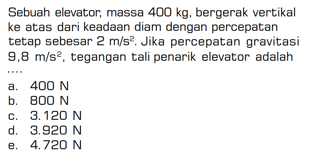 Sebuah elevator, massa 400 kg, bergerak vertikal ke atas dari keadaan diam dengan percepatan tetap sebesar 2 m/s^2. Jika percepatan gravitasi  9,8 m/s^2, tegangan tali penarik elevator adalah