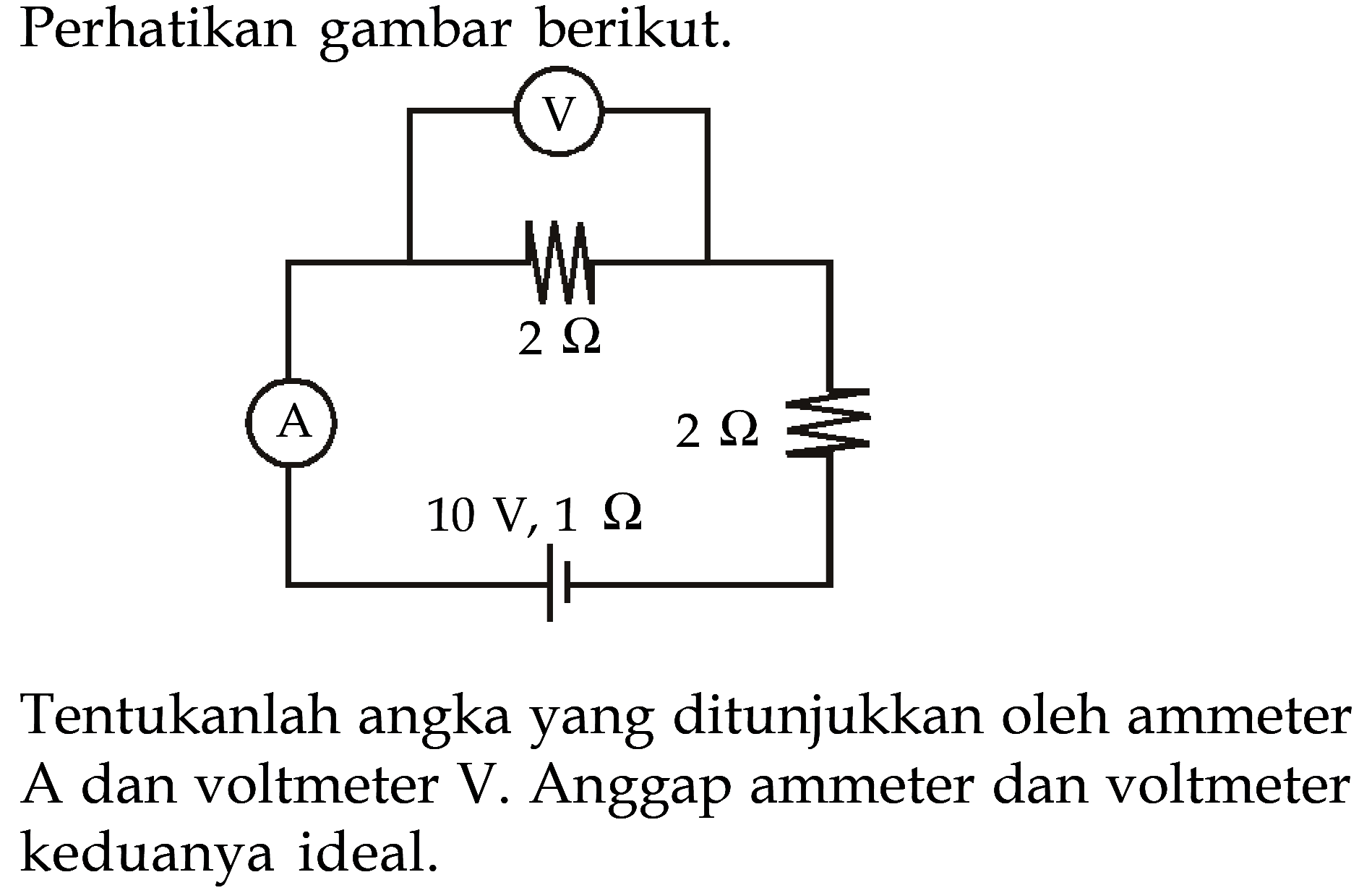 Perhatikan gambar berikut. V 2 ohm A 2 ohm 10 V, 1 ohm Tentukanlah angka yang ditunjukkan oleh ammeter A dan voltmeter V. Anggap ammeter dan voltmeter keduanya ideal.