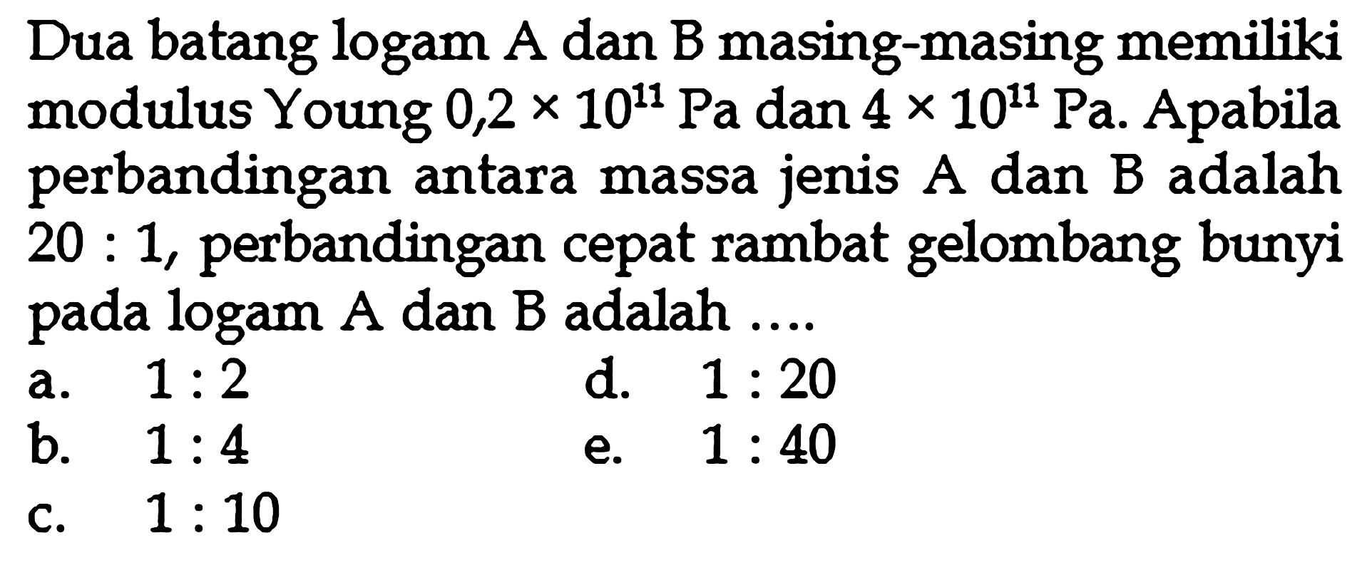 Dua batang logam A dan B masing-masing memiliki modulus Young  0,2x 10^11 Pa  dan  4 x 10^11 Pa . Apabila perbandingan antara massa jenis  A  dan  B  adalah  20: 1 , perbandingan cepat rambat gelombang bunyi pada logam A dan B adalah ....