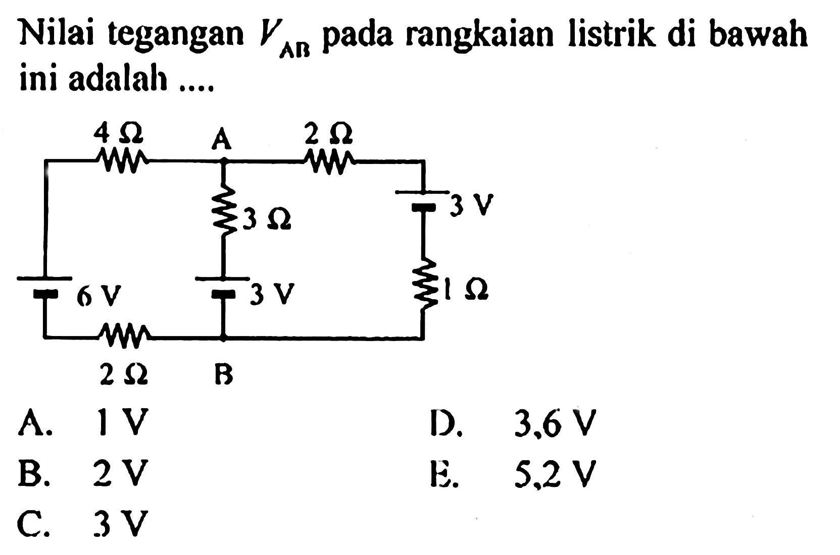 Nilai tegangan V AB rangkaian listrik di bawah ini adalah ... 4 ohm A 2 ohm 3V 1 ohm 3 ohm 3V B 6V
