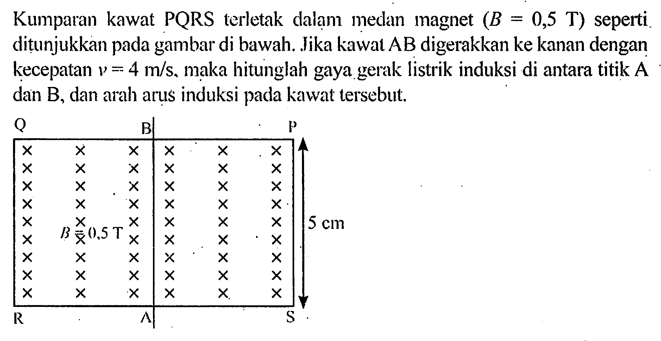 Kumparan kawat PQRS terletak dalam medan magnet (B 0,5 T) seperti ditunjukkan pada gambar di bawah. Jika kawal AB digerakkan ke kanan dengan kecepatan V = 4 m/s. maka hitunglah gaya listrik induksi di antara titik A dan B, dan arah arus induksi pada kawat tersebut. Q B P R A S B = 0,5 T 5 cm