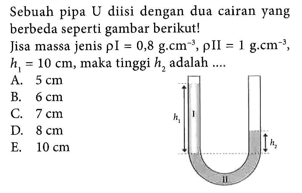 Sebuah pipa U diisi dengan dua cairan yang berbeda seperti gambar berikut! Jika massa jenis rho I = 0,8 g.cm^-3, rho II = 1 g.cm^-3 h1 = 10 cm, maka tinggi h2 adalah