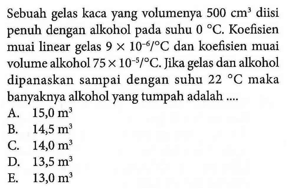 Sebuah gelas kaca yang volumenya 500 cm^3 diisi penuh dengan alkohol pada suhu 0 C. Koefisien muai linear gelas 9 x 10^-6/C dan koefisien muai volume alkohol 75 x 10^-5/ C. Jika gelas dan alkohol dipanaskan sampai dengan suhu 22 C maka banyaknya alkohol yang tumpah adalah ...