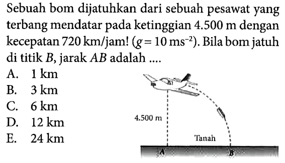 Sebuah bom dijatuhkan dari sebuah pesawat yang terbang mendatar ketinggian 4.500 m dengan kecepatan 720 km/jam! (g = 10 ms^2). Bila bom jatuh di titik B, jarak AB adalah