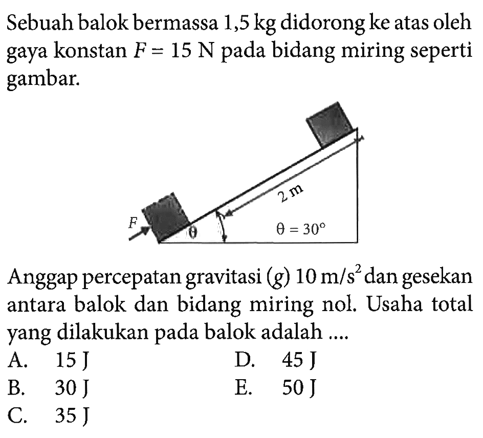 Sebuah balok bermassa 1,5 kg didorong ke atas oleh gaya konstan F=15 N pada bidang miring seperti gambar. 2 m F theta theta=30 Anggap percepatan gravitasi (g) 10 m/s^2 dan gesekan antara balok dan bidang miring nol. Usaha total yang dilakukan pada balok adalah .... A. 15 J B. 30 J C. 35 J D. 45 J E. 50 J 