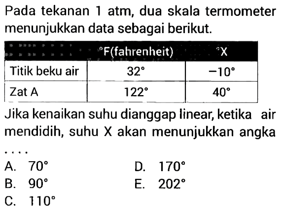Pada tekanan 1 atm, dua skala termometer menunjukkan data sebagai berikut. f(fahrenheit) X Titik beku air 32 -10 Zat A 122 40 Jika kenaikan suhu dianggap linear, ketika air mendidih, suhu X akan menunjukkan angka ....