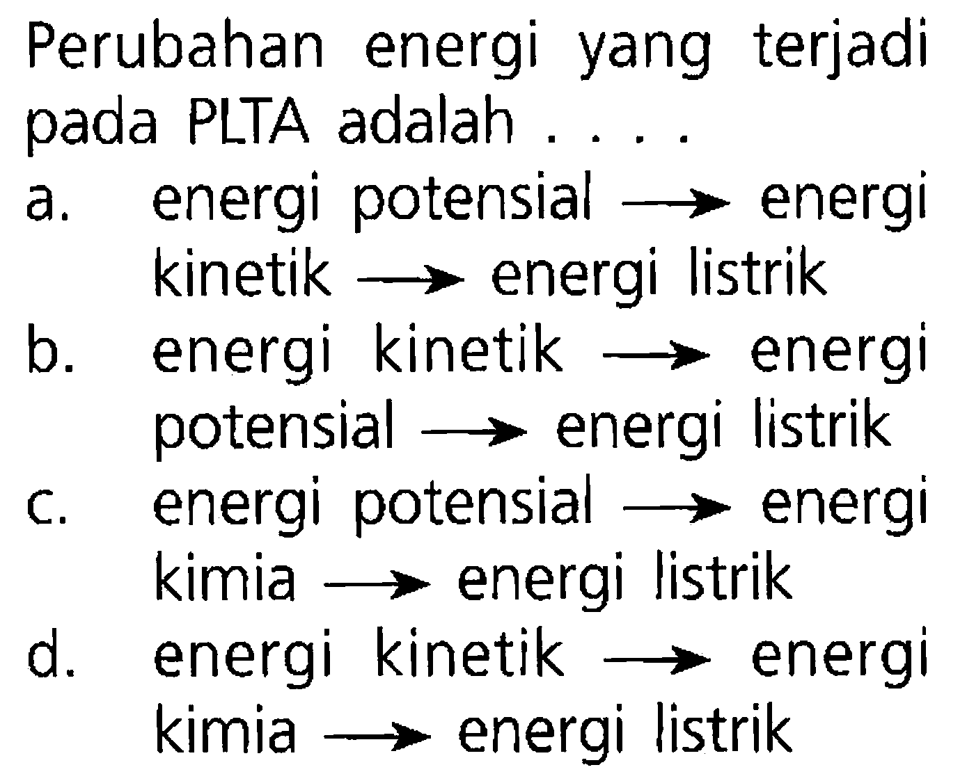 Perubahan energi yang terjadi pada PLTA adalah ....