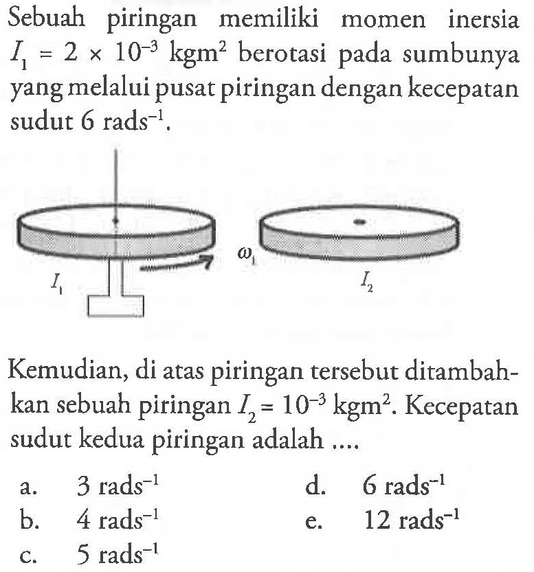 Sebuah piringan memiliki momen inersia 1=2 x 10^-3 kgm^2 berotasi pada sumbunya yang melalui pusat piringan dengan kecepatan sudut 6 rads^-1. Kemudian, di atas piringan tersebut ditambahkan sebuah piringan I2=10^-3 kgm^2.  Kecepatan sudut kedua piringan adalah.... 