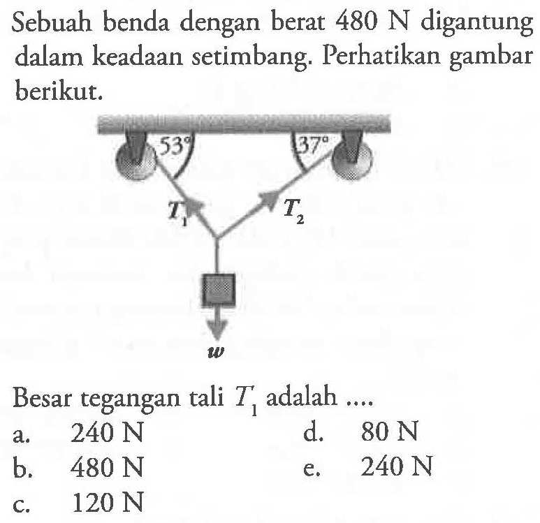 Sebuah benda dengan berat 480 N digantung dalam keadaan setimbang. Perhatikan gambar berikut. 53 T1 37 T2 wBesar tegangan tali T1 adalah .... 