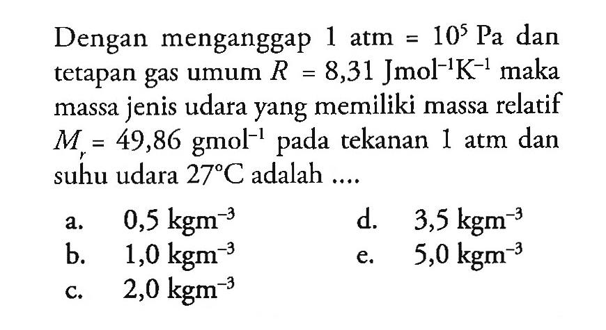 Dengan menganggap 1 atm 10^5 Pa dan tetapan gas umum R= 8,31 Jmol^-1/K^-1 maka massa jenis udara yang memiliki massa relatif M = 49,86 gmol^-1 pada tekanan 1 atm dan suhu udara 27C adalah
