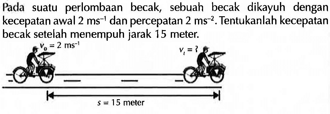 Pada suatu perlombaan becak, sebuah becak dikayuh dengan kecepatan awal 2 dan percepatan 2 ms^-2. Tentukanlah kecepatan becak setelah menempuh jarak 15 meter.