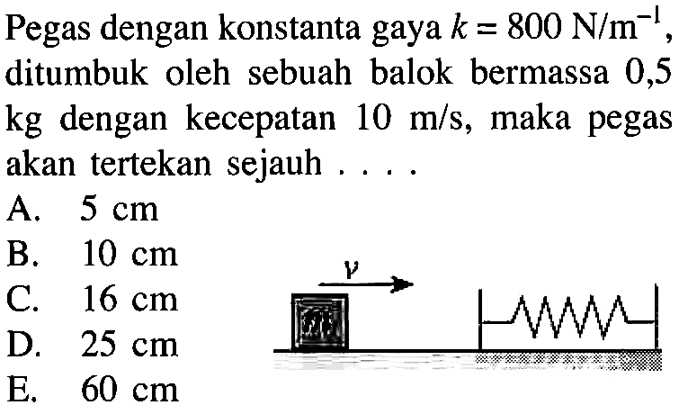 Pegas dengan konstanta gaya k=800 N/m^-1, ditumbuk oleh sebuah balok bermassa 0,5 kg dengan kecepatan 10 m/s, maka pegas akan tertekan sejauh ....