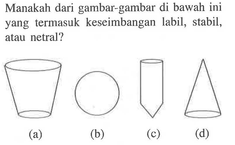 Manakah dari gambar-gambar di bawah ini yang termasuk keseimbangan labil, stabil, atau netral? (a) (b) (c) (d)
