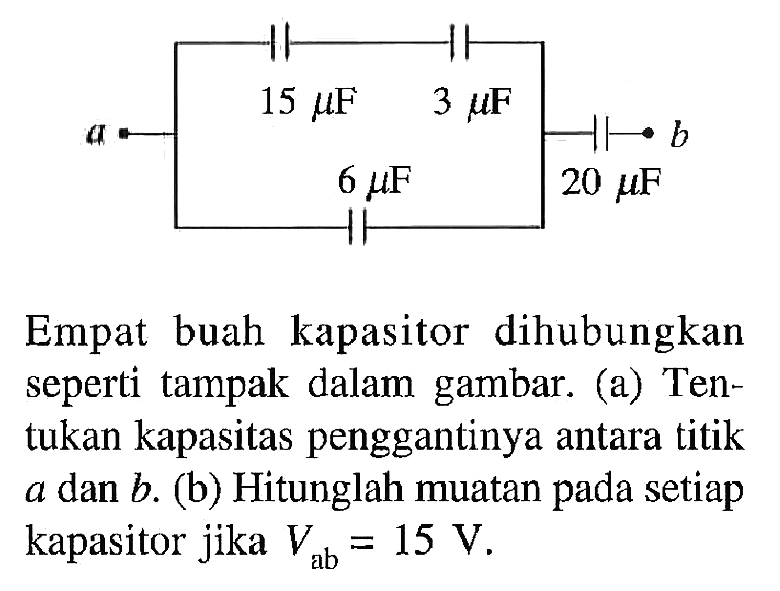 Empat buah kapasitor dihubungkan seperti tampak dalam gambar: (a) Ten- tukan kapasitas penggantinya antara titik a dan b. (b) Hitunglah muatan setiap kapasitor jika VAB = 15 V.