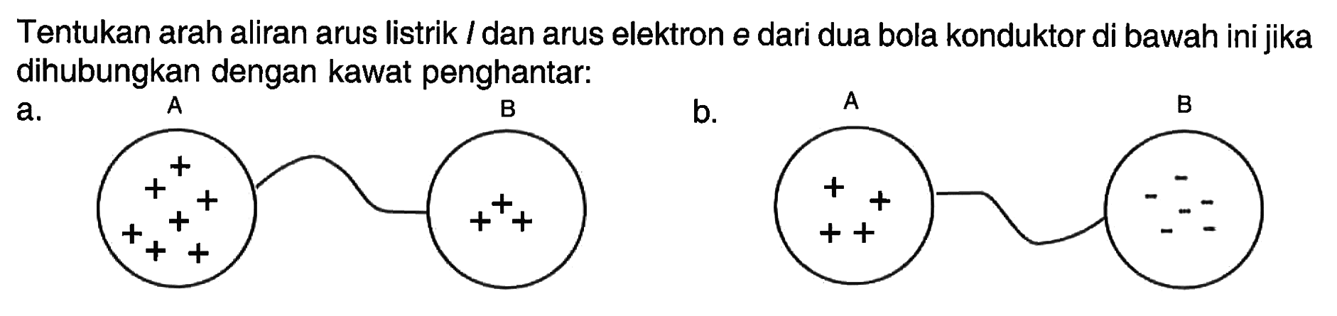 Tentukan arah aliran arus listrik l dan arus elektron e dari dua bola konduktor di bawah ini jika dihubungkan dengan kawat penghantar: a. A B b. A B