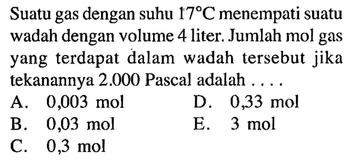 Suatu gas dengan suhu 17 C menempati suatu wadah dengan volume 4 liter. Jumlah mol gas yang terdapat dalam wadah tersebut jika tekanannya 2.000 Pascal adalah . . . .