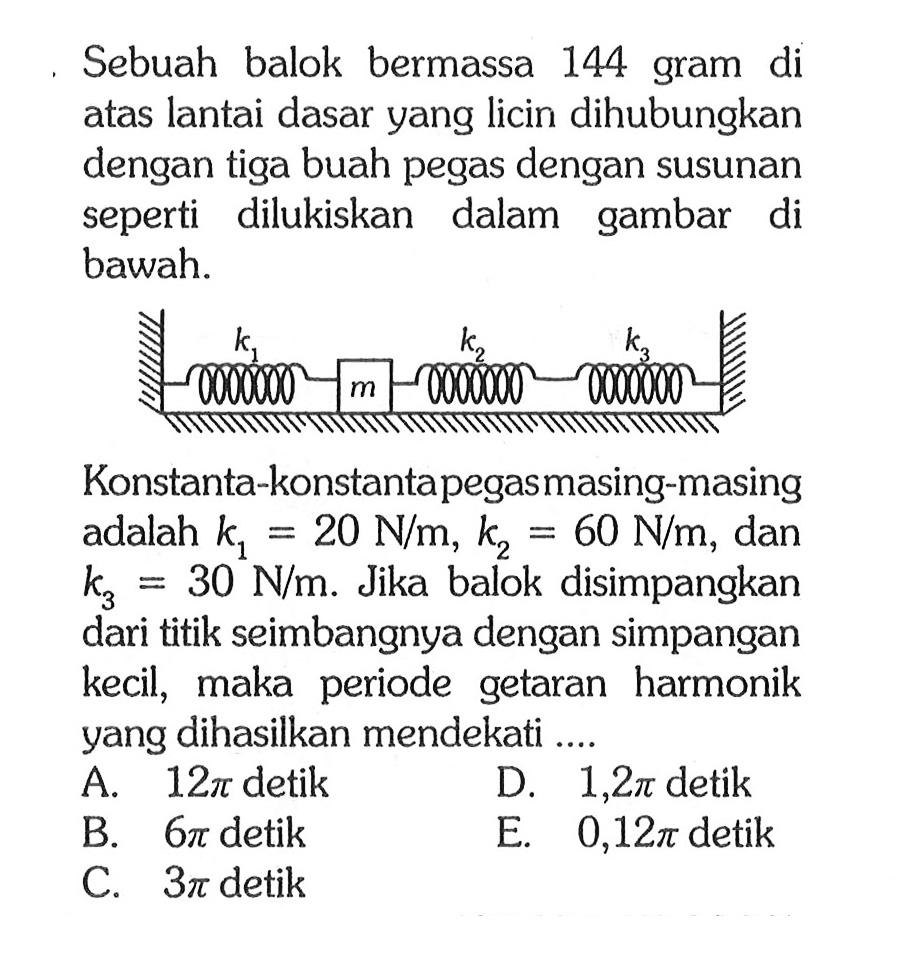 Sebuah balok bermassa 144 gram di atas lantai dasar yang licin dihubungkan dengan tiga buah pegas dengan susunan seperti dilukiskan dalam gambar di bawah. Konstanta-konstanta pegas masing-masing adalah k1 = 20 N/m, k2 = 60 N/m, dan k3 = 30 N/m. Jika balok disimpangkan dari titik seimbangnya dengan simpangan kecil, maka periode getaran harmonik yang dihasilkan mendekati....