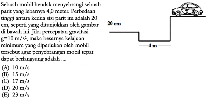 Sebuah mobil hendak menyebrangi sebuah parit yang lebarnya 4,0 meter. Perbedaan tinggi antara kedua sisi parit itu adalah 20 cm, seperti yang ditunjukkan oleh gambar di bawah ini. Jika percepatan gravitasi g=10 m/s^2, maka besarnya kelajuan minimum yang diperlukan oleh mobil tersebut agar penyebrangan mobil tepat dapat berlangsung adalah .... 20 cm 4 m (A) 10 m/s (B) 15 m/s (C) 17 m/s (D) 20 m/s (E) 23 m/s