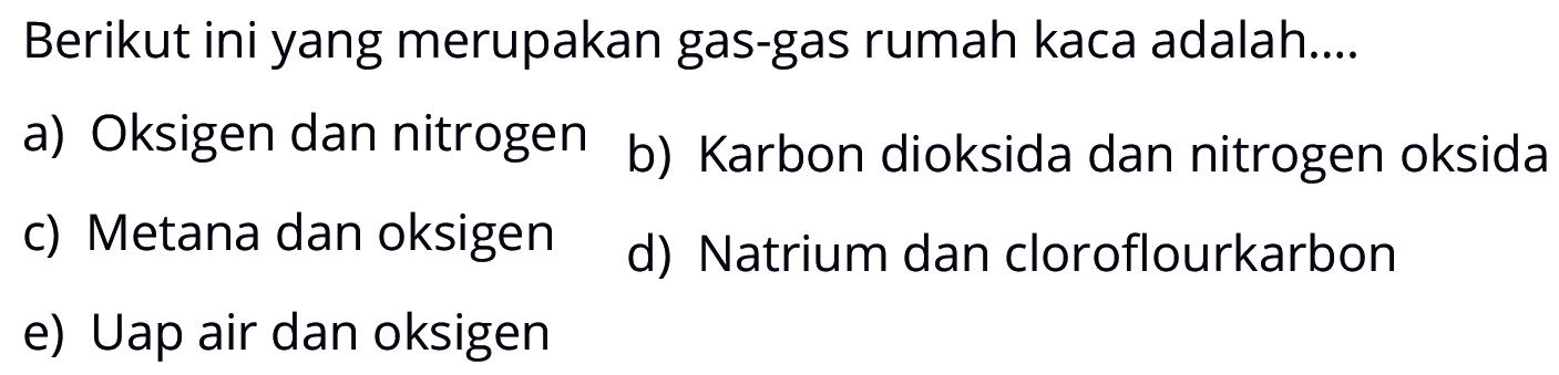 Berikut ini yang merupakan gas-gas rumah kaca adalah....a) Oksigen dan nitrogenb) Karbon dioksida dan nitrogen oksidac) Metana dan oksigend) Natrium dan cloroflourkarbone) Uap air dan oksigen