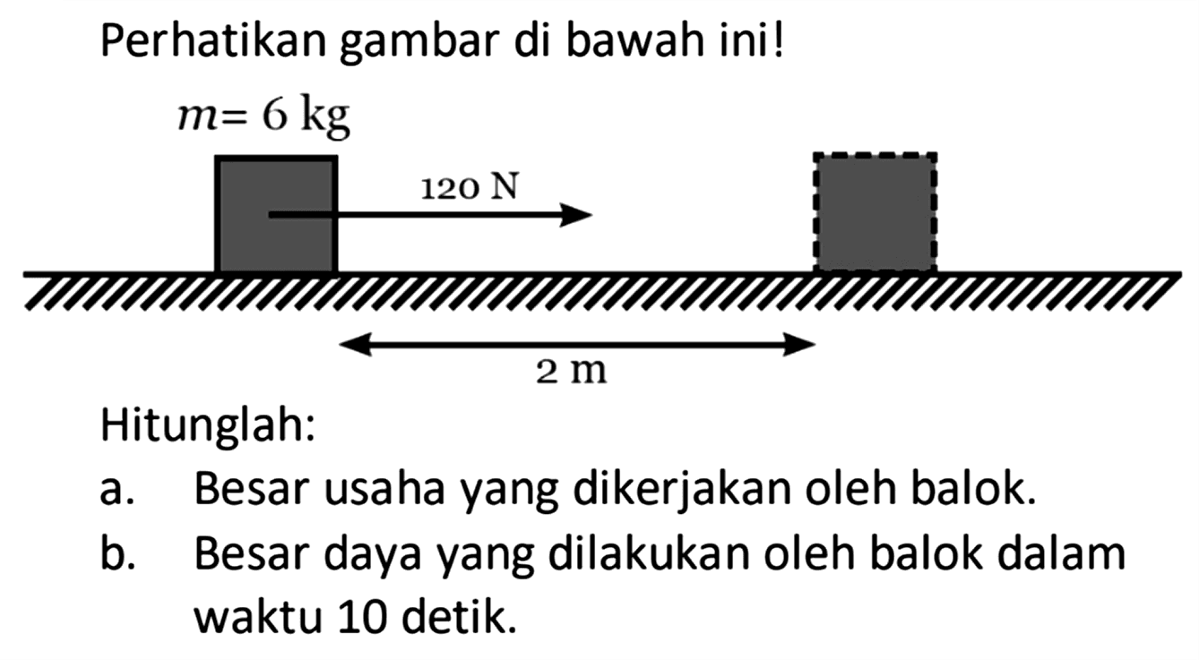Perhatikan gambar di bawah ini! m=6 kg 120 N 2 m Hitunglah: a. Besar usaha yang dikerjakan oleh balok. b. Besar daya yang dilakukan oleh balok dalam waktu 10 detik. 