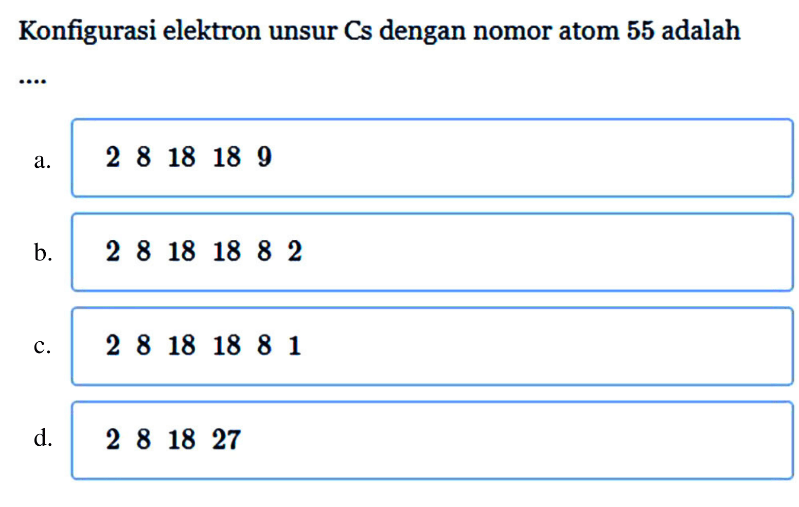 Konfigurasi elektron unsur Cs dengan nomor atom 55 adalah ...