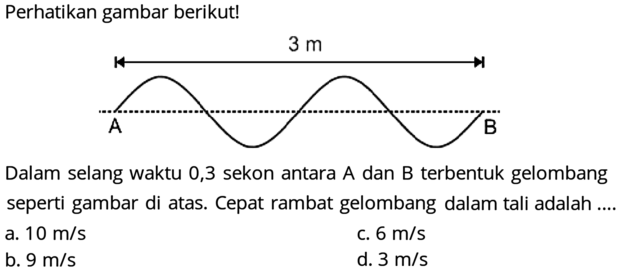 Perhatikan gambar berikut!
Dalam selang waktu 0,3 sekon antara A dan B terbentuk gelombang seperti gambar di atas. Cepat rambat gelombang dalam tali adalah ....
a.  10 m / s 
c.  6 m / s 
b.  9 m / s 
d.  3 m / s 