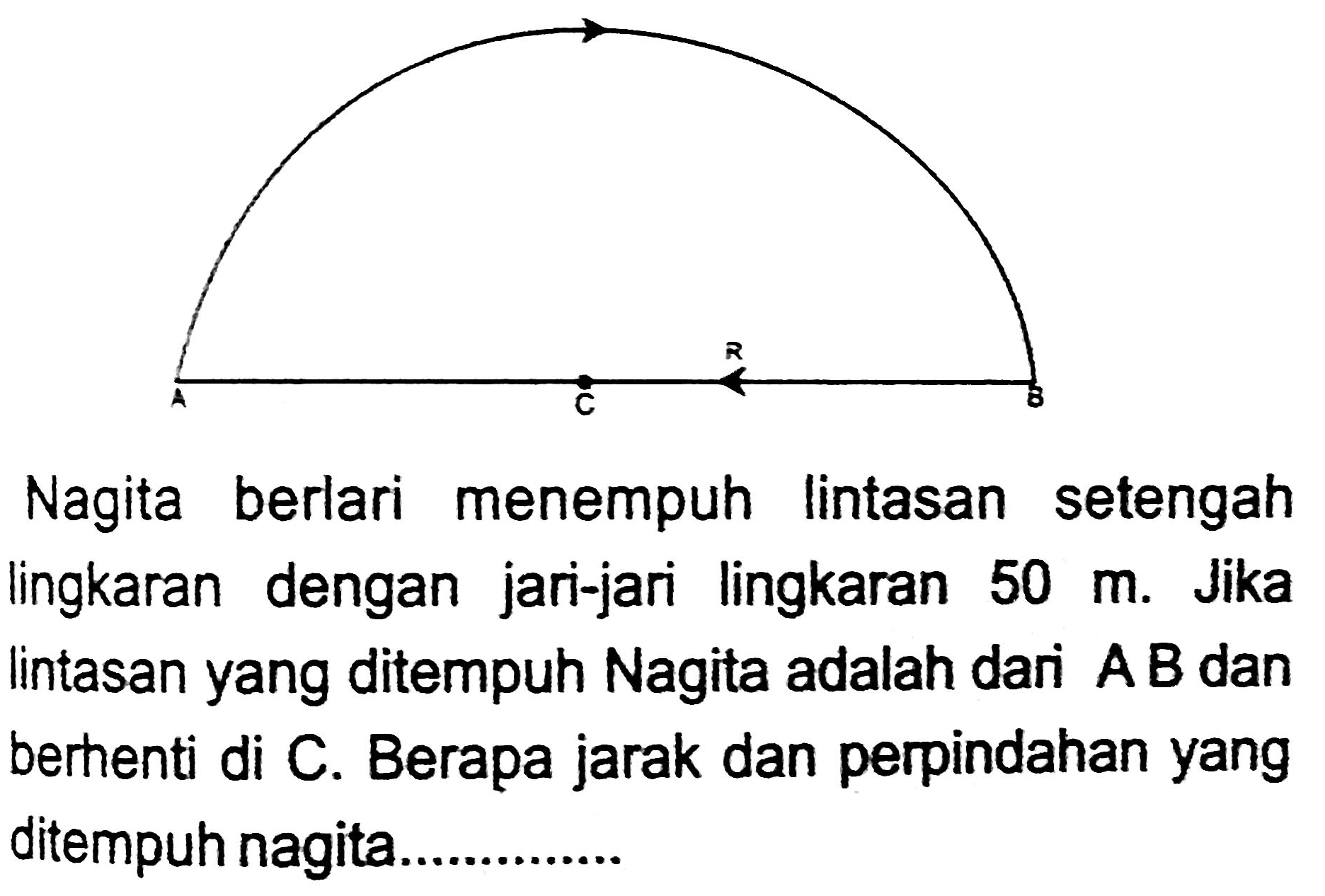 Nagita berlari menempuh lintasan setengah lingkaran dengan jari-jari lingkaran  50 m . Jika lintasan yang ditempuh Nagita adalah dari  A B  dan berhenti di C. Berapa jarak dan perpindahan yang ditempuh nagita.