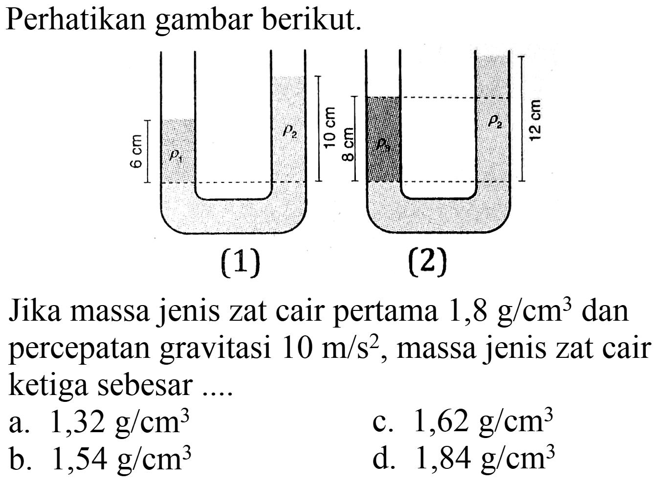 Perhatikan gambar berikut. 
6 cm rho1 rho2 10 cm 8 cm rho1 rho2 12 cm 
Jika massa jenis zat cair pertama  1,8 g / cm^(3)  dan percepatan gravitasi  10 m / s^(2) , massa jenis zat cair ketiga sebesar ....
a.  1,32 g / cm^(3) 
c.  1,62 g / cm^(3) 
b.  1,54 g / cm^(3) 
d.  1,84 g / cm^(3) 
