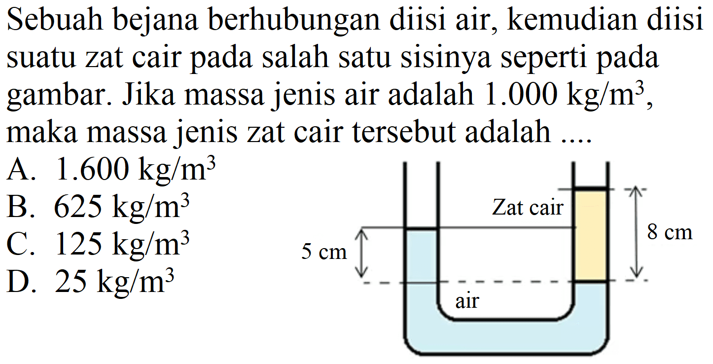 Sebuah bejana berhubungan diisi air, kemudian diisi suatu zat cair pada salah satu sisinya seperti pada gambar. Jika massa jenis air adalah  1.000 kg / m^(3) , maka massa jenis zat cair tersebut adalah ....
A.  1.600 kg / m^(3) 
B.  625 kg / m^(3) 
C.  125 kg / m^(3) 
D.  25 kg / m^(3)  
Zat cair 8 cm 
5 cm 
air