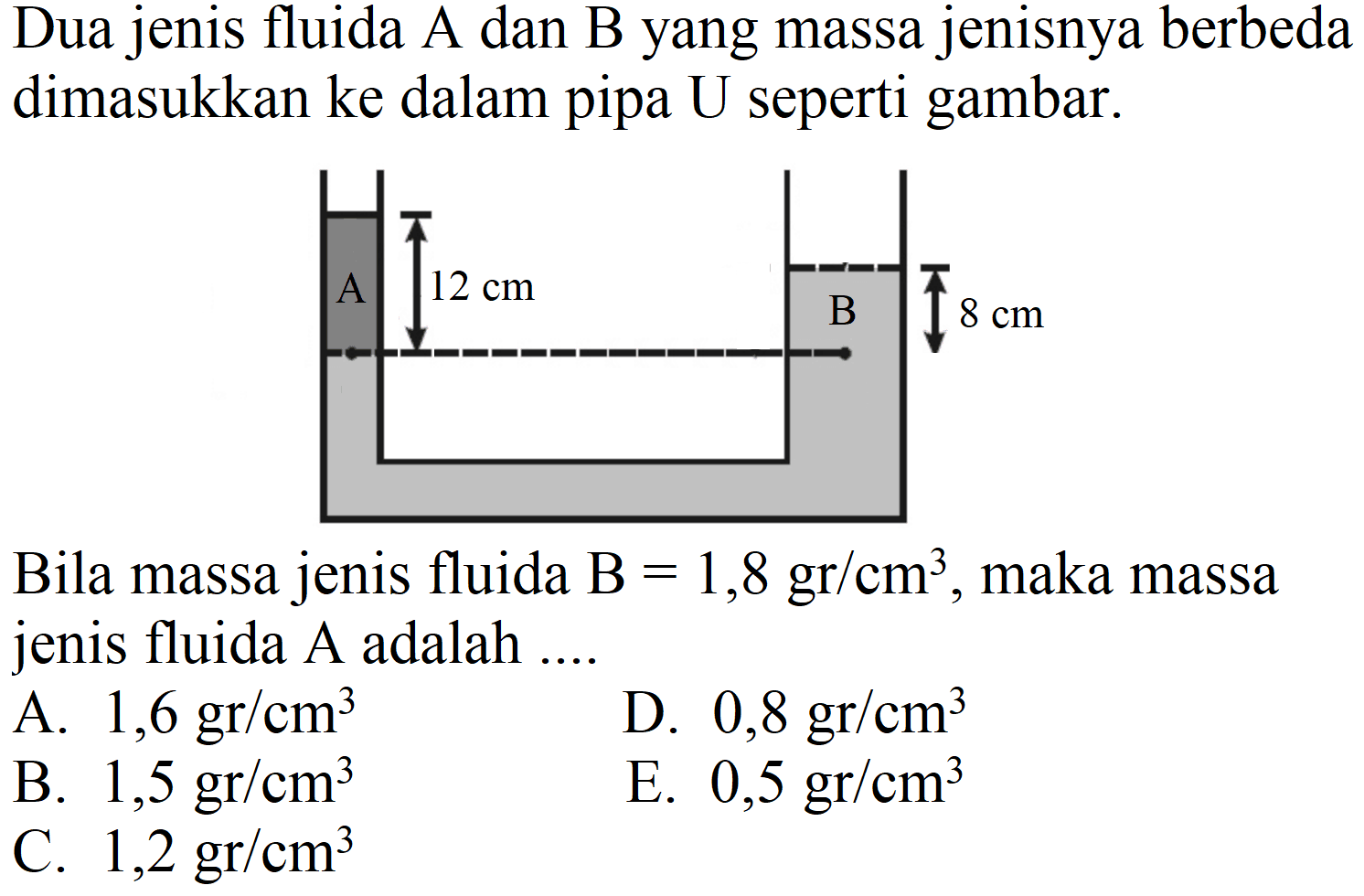 Dua jenis fluida A dan B yang massa jenisnya berbeda dimasukkan ke dalam pipa U seperti gambar. 
A 12 cm B 8 cm 
Bila massa jenis fluida  B=1,8 gr / cm^(3) , maka massa jenis fluida A adalah ....
A.  1,6 gr / cm^(3) 
D.  0,8 gr / cm^(3) 
B.  1,5 gr / cm^(3) 
E.  0,5 gr / cm^(3) 
C.  1,2 gr / cm^(3) 