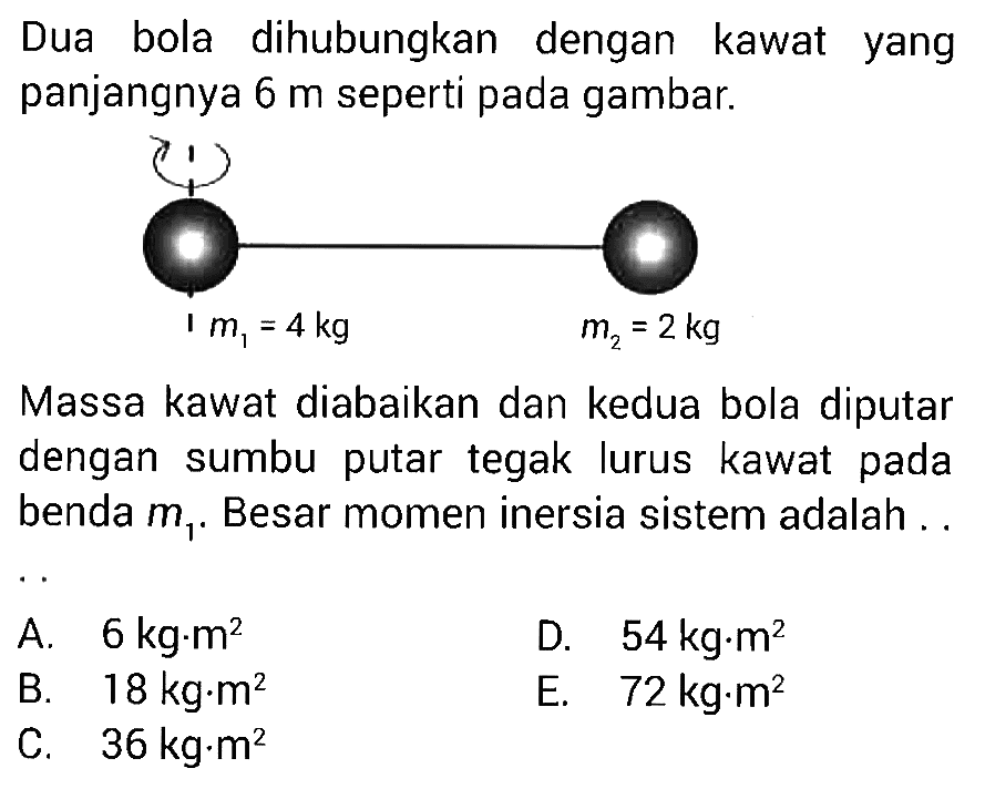 Dua bola dihubungkan dengan kawat yang panjangnya 6 m seperti pada gambar. m1 = 4 kg m2 = 2 kg Massa kawat diabaikan dan kedua bola diputar dengan sumbu putar tegak lurus kawat pada benda m1. Besar momen inersia sistem adalah ....