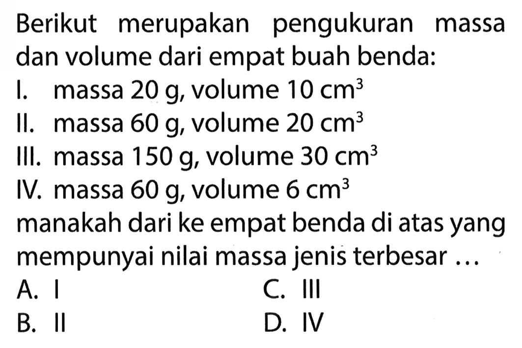 Berikut merupakan pengukuran massa dan volume dari empat buah benda: I. massa 20 g, volume 10 cm^3 II. massa 60 g, volume 20 cm^3 III. massa 150 g, volume 30 cm^3 IV. massa 60 g, volume 6 cm^3 manakah dari ke empat benda di atas yang mempunyai nilai massa jenis terbesar