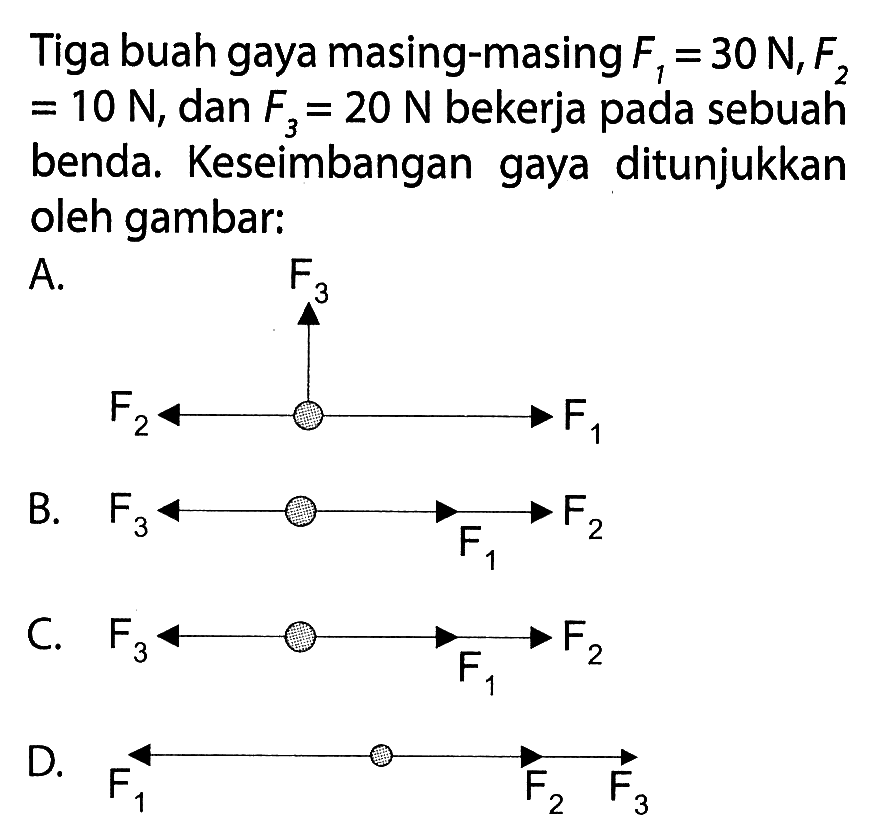 Tiga buah gaya masing-masing F1=30 N1 F2=10 N, dan F3=20 N bekerja pada sebuah benda. Keseimbangan gaya ditunjukkan oleh gambar: A. F2 - F3 F1 B. F3 - F1 F2 C. F3 - F1 - F2 D. F1 - F2 - F3 