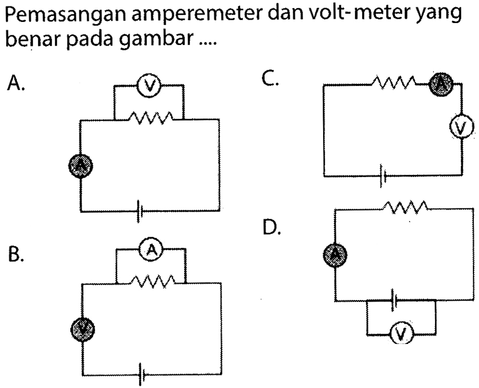 Pemasangan amperemeter dan volt-meter yang benar pada gambar