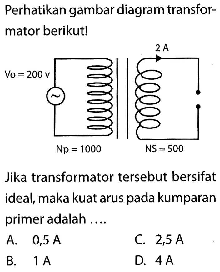 Perhatikan gambar diagram transformator berikut!Vo=200 v 2 A Np = 1000 NS = 500Jika transformator tersebut bersifat ideal, maka kuat arus pada kumparan primer adalah ....