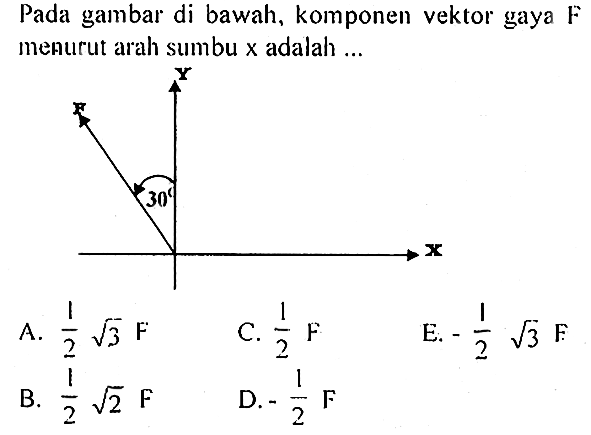 Pada gambar di bawah, komponen vektor gaya F menurut arah sumbu x adalah ... 30 X Y F A.  1/2 akar(3) F C.  1/2 F E.  -1/2 akar(3) F B.  1/2 akar(2) F D.  -1/2 F 