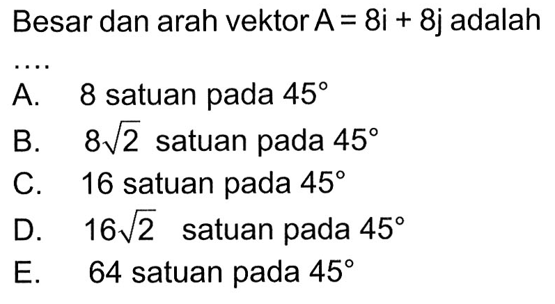 Besar dan arah vektor A = 8i + 8j adalah ....