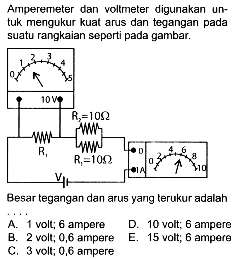Amperemeter dan voltmeter digunakan untuk mengukur kuat arus dan tegangan pada suatu rangkaian seperti pada gambar.Besar tegangan dan arus yang terukur adalah .... 10 v R2=10 ohm R1= 10 ohm 