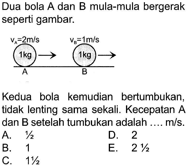 Dua bola A dan B mula-mula bergerak seperti gambar. vA=2m/s vB=1m/s 1kg 1kg
Kedua bola kemudian bertumbukan, tidak lenting sama sekali. Kecepatan A dan  B  setelah tumbukan adalah  .... m/s .
