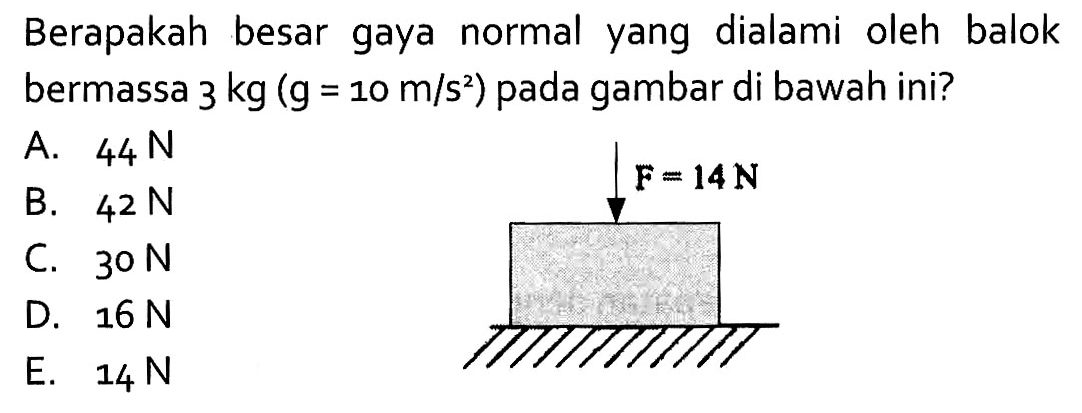 Berapakah besar gaya normal yang dialami oleh balok bermassa  3 kg (g=10 m/s^2)  pada gambar di bawah ini? F=14 N
