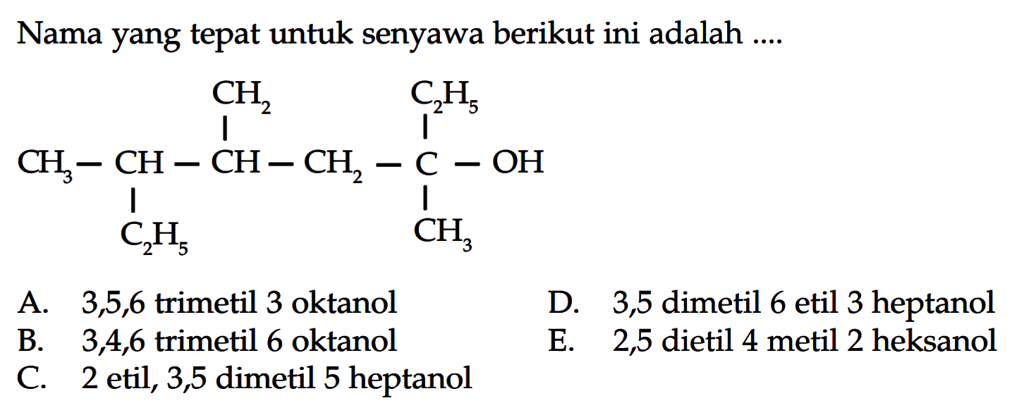 Nama yang tepat untuk senyawa berikut ini adalah ....                   CH2           C2H5CH3 - CH - CH - CH2 - C - OH          C2H5                  CH3