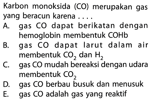 Karbon monoksida (CO) merupakan gas yang beracun karena ...