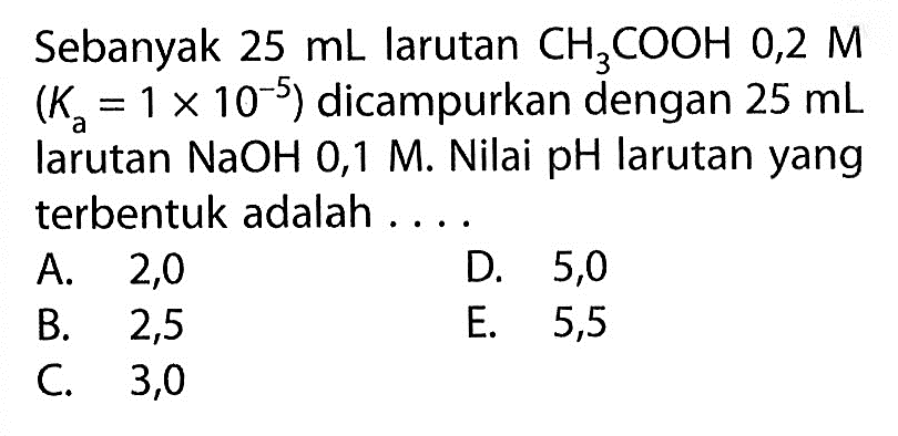 Sebanyak 25 mL larutan CH3COOH 0,2 M (Ka=1x10^(-5)) dicampurkan dengan 25 mL larutan NaOH 0,1 M. Nilai pH larutan yang terbentuk adalah ....
