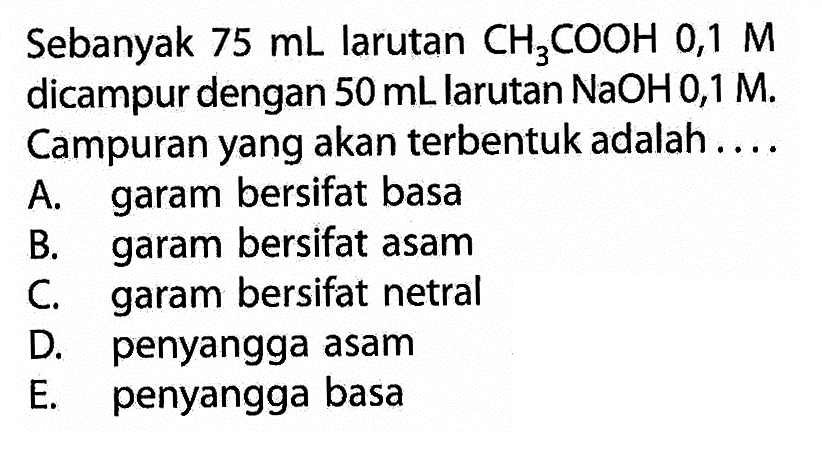 Sebanyak 75 mL larutan CH3COOH 0,1 M dicampur dengan 50 mL larutan NaOH 0,1 M. Campuran yang akan terbentuk adalah.... 