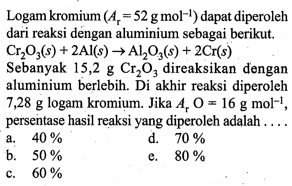 Logam kromium (Ar=52 g mol^-1) dapat diperoleh dari reaksi dengan aluminium sebagai berikut. Cr2O3(s)+2 Al(s)->Al2O3(s)+2 Cr(s) Sebanyak 15,2 g Cr2O3 direaksikan dengan aluminium berlebih. Di akhir reaksi diperoleh 7,28 g logam kromium. Jika Ar O=16 g mol^-1 , persentase hasil reaksi yang diperoleh adalah ....