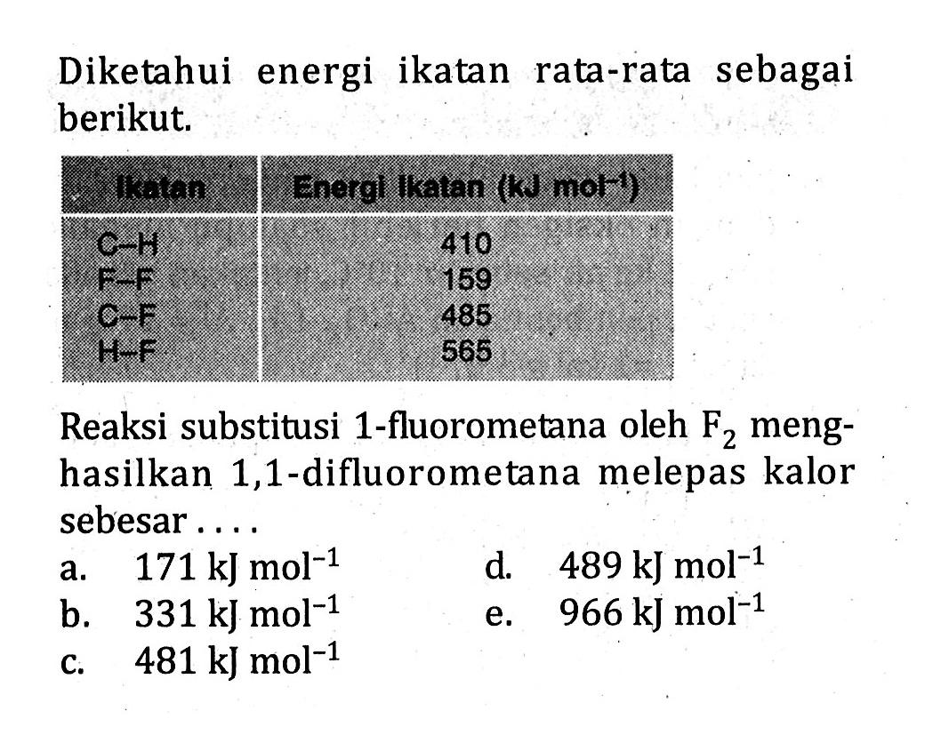 Diketahui energi ikatan rata-rata sebagai berikut. lkatan  Energl ikatan  (kJ mol^(-1))    C-H   410  F-F   159  C-F   485  H-F   565 Reaksi substitusi 1-fluorometana oleh  F2  menghasilkan 1,1-difluorometana melepas kalor sebesar ....