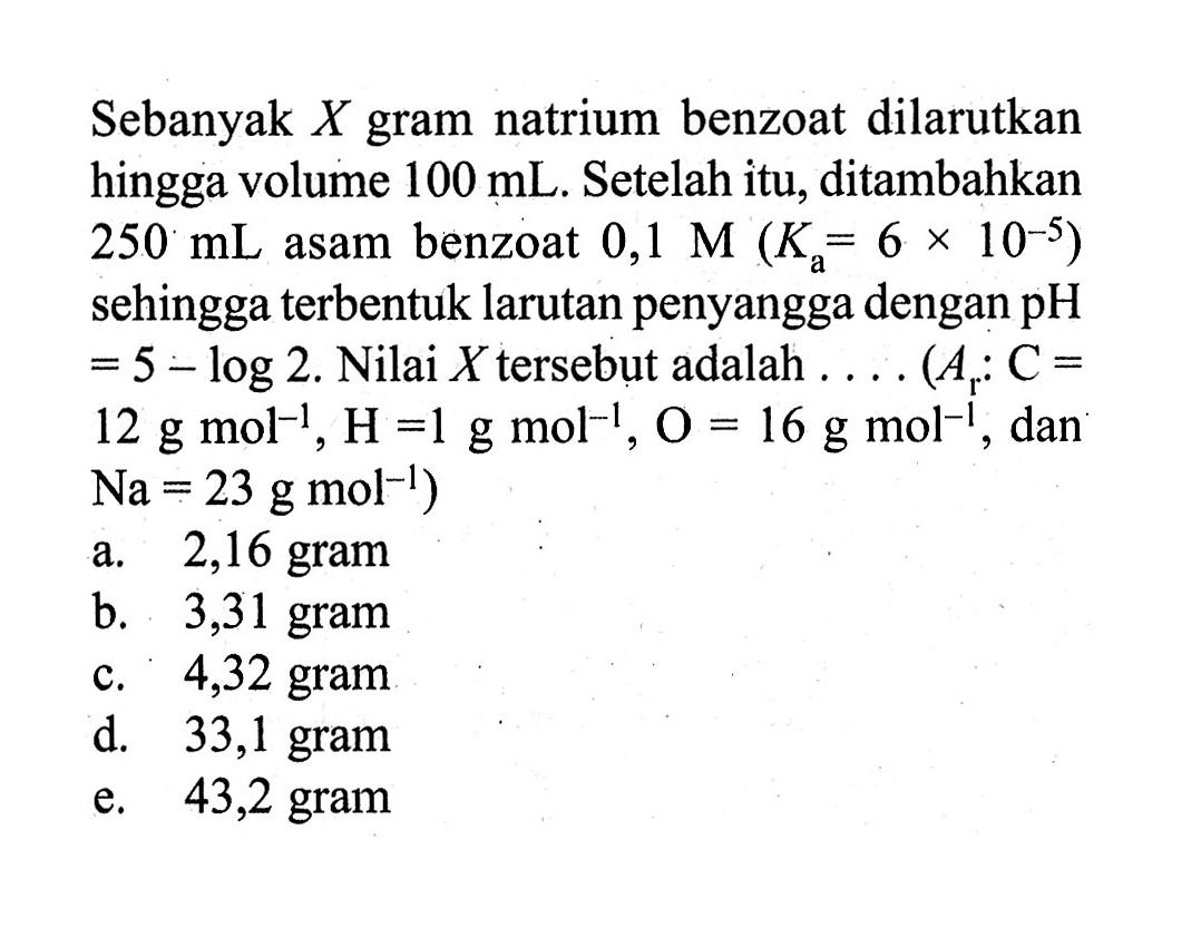 Sebanyak X gram natrium benzoat dilarutkan hingga volume 100 mL. Setelah itu, ditambahkan 250 mL asam benzoat 0,1 M (Ka=6x10^-5) sehingga terbentuk larutan penyangga dengan pH=5-log2. Nilai X tersebut adalah .... (Ar:C= 12 g mol^-1, H=1 g mol^-1, O=16 g mol^-1, dan Na=23 g mol^-1)