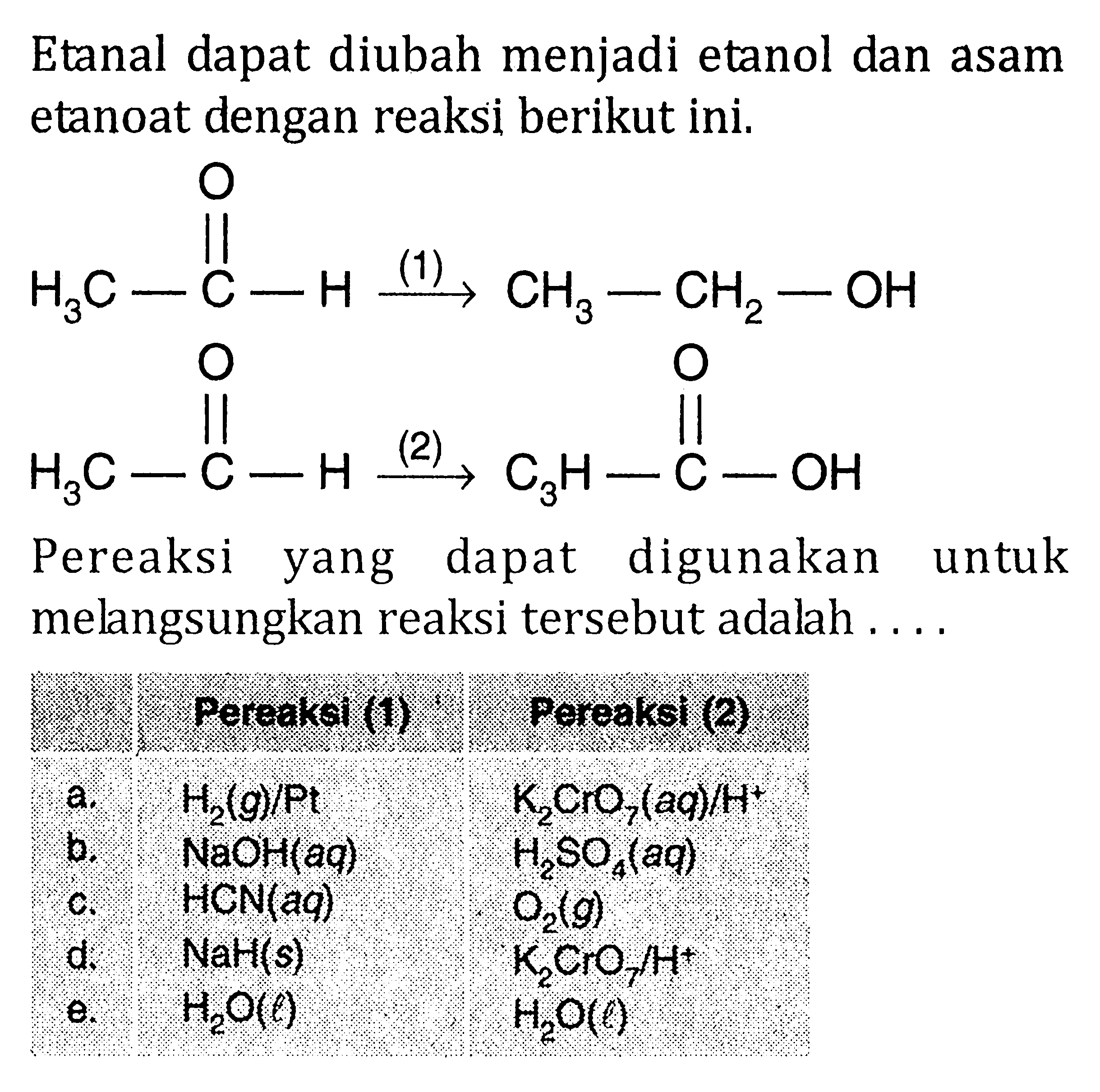 Etanal dapat diubah menjadi etanol dan asam etanoat dengan reaksi berikut ini. O H3C-C-H->CH3-CH2-OH O O H3C-C-H->C3H-C-OH Pereaksi yang dapat digunakan untuk melangsungkan reaksi tersebut adalah.... 