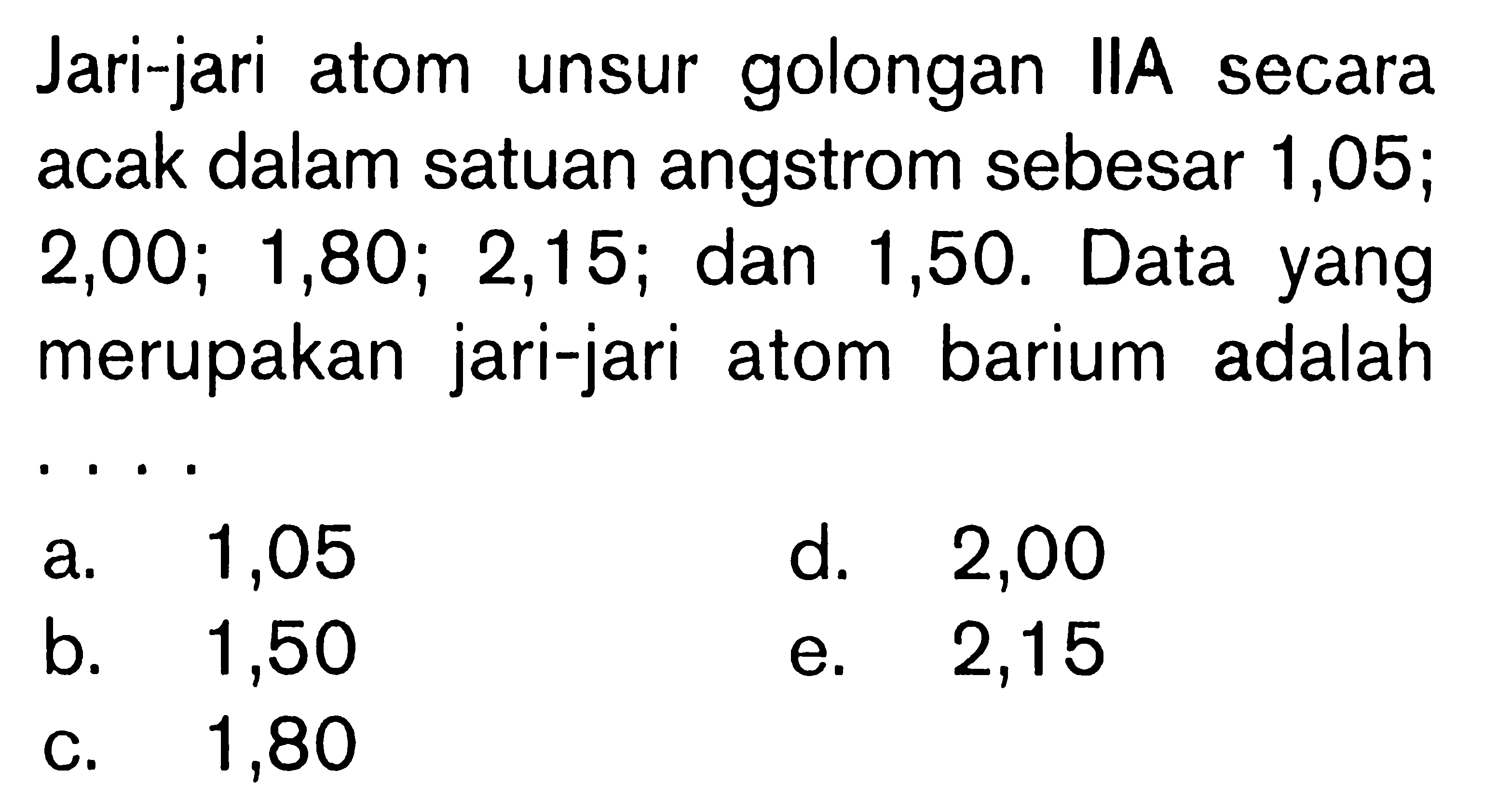 Jari-jari atom unsur golongan IIA secara acak dalam satuan angstrom sebesar 1,05; 2,00; 1,80; 2,15; dan 1,50. Data yang merupakan jari-jari atom barium adalah ....